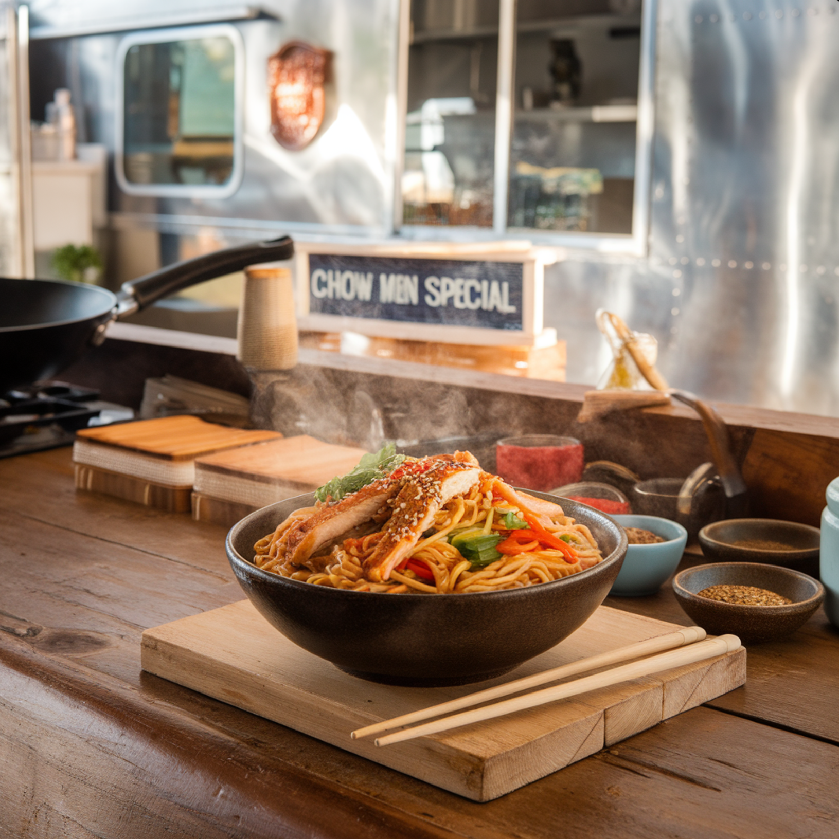 A delicious bowl of chow mein served on a wooden table, garnished with fresh green onions and sesame seeds. The dish features crispy noodles, colorful vegetables like carrots and bell peppers, and tender pieces of chicken, all tossed in a savory soy-based sauce. The background includes utensils and a small soy sauce bowl, evoking a cozy and inviting dining atmosphere.