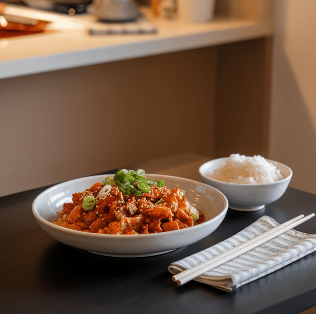 Chop Suey served in a white bowl with vibrant vegetables and chicken.