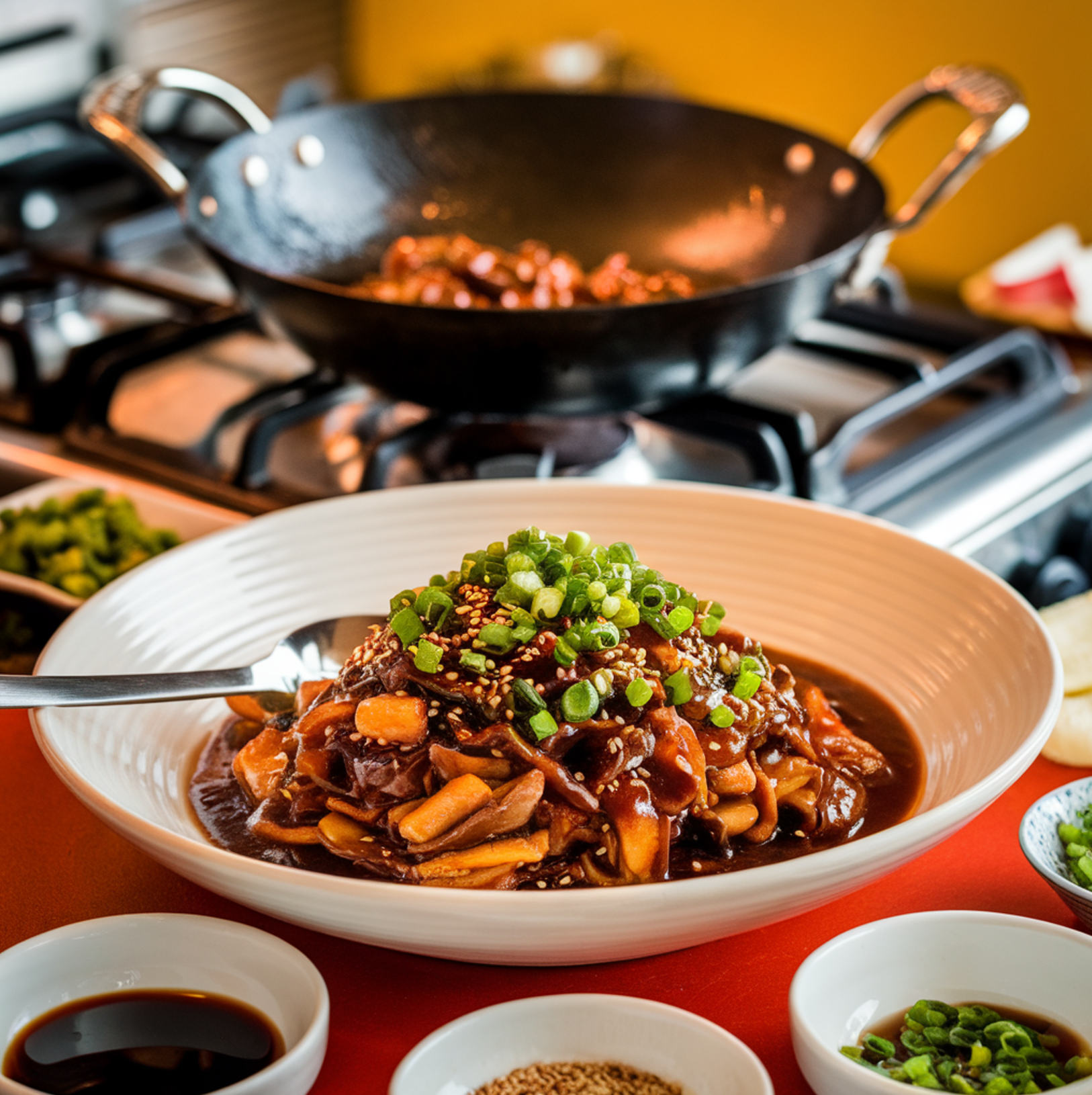 A vibrant plate of Chop Suey featuring colorful stir-fried vegetables, tender protein, and a glossy soy-based sauce, served in a white dish with a pair of chopsticks on the side.