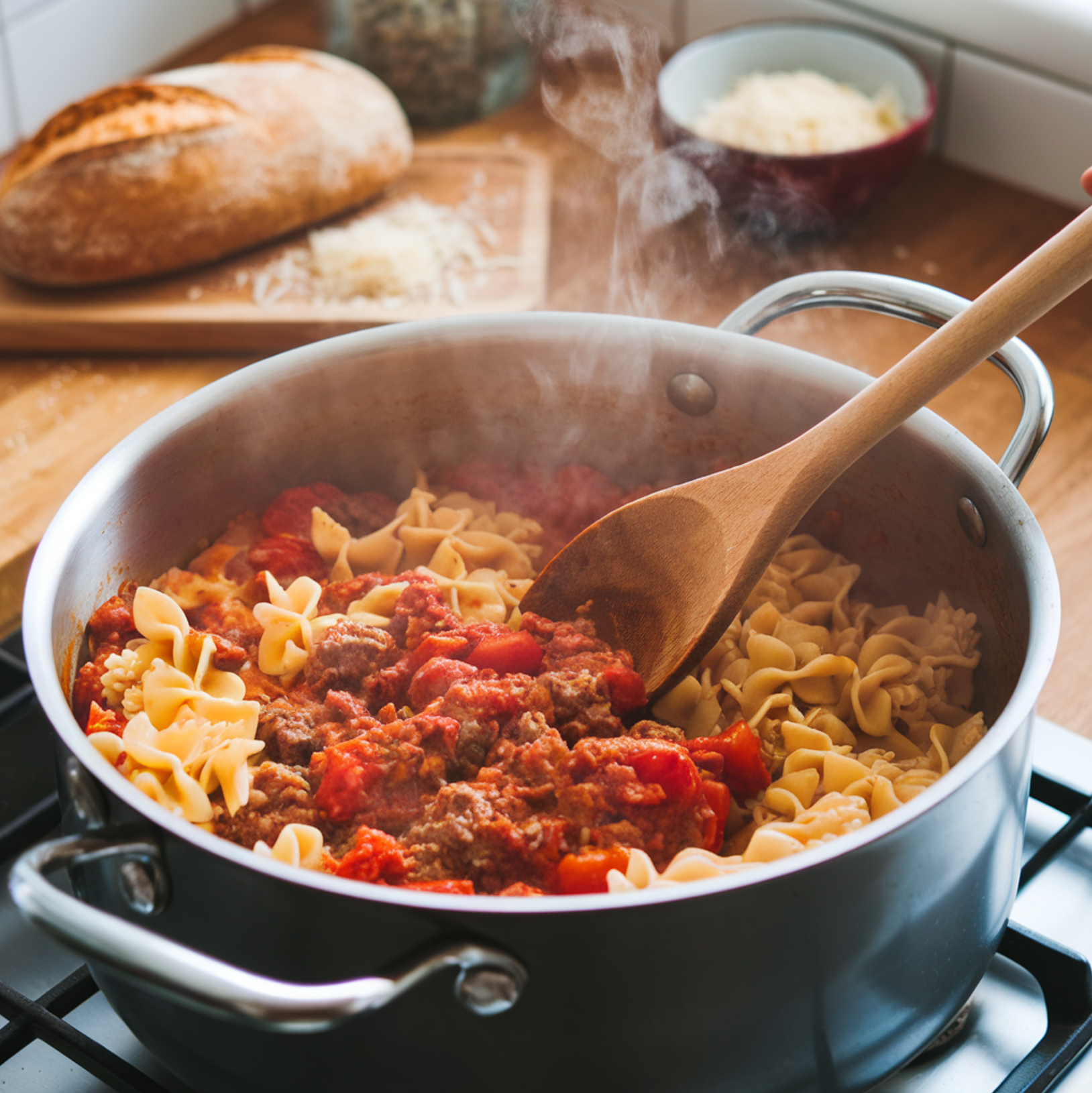 A hearty bowl of American Chop Suey with spiral pasta, ground beef, and tomato sauce, garnished with fresh parsley, served in a cozy American kitchen.