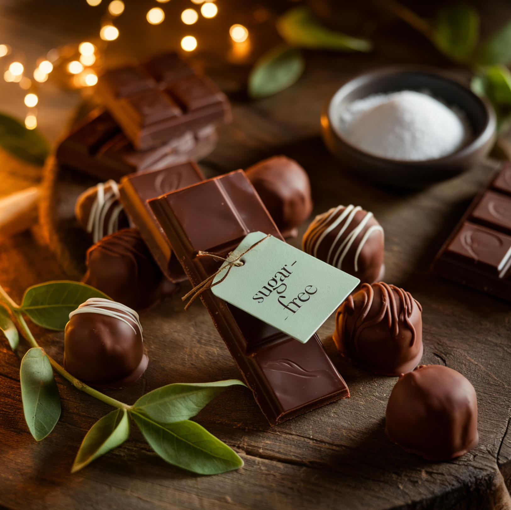 A stylish display of sugar-free chocolate bars and truffles on a wooden table, surrounded by natural sweeteners like stevia leaves and a bowl of erythritol, highlighted by warm lighting to emphasize the rich textures and health-conscious theme