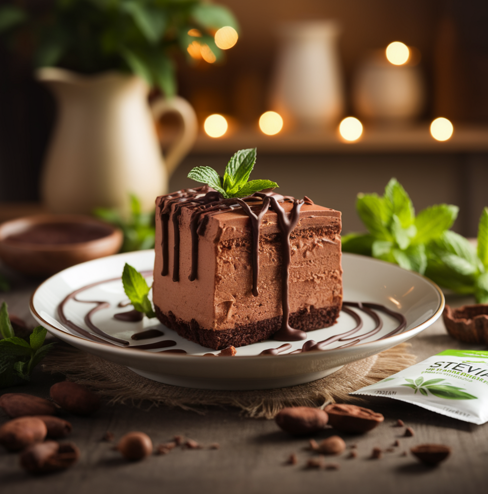 A slice of sugar-free chocolate mousse cake on a white plate, drizzled with dark chocolate and garnished with a fresh mint sprig, surrounded by cocoa beans, stevia leaves, and a cozy kitchen background.