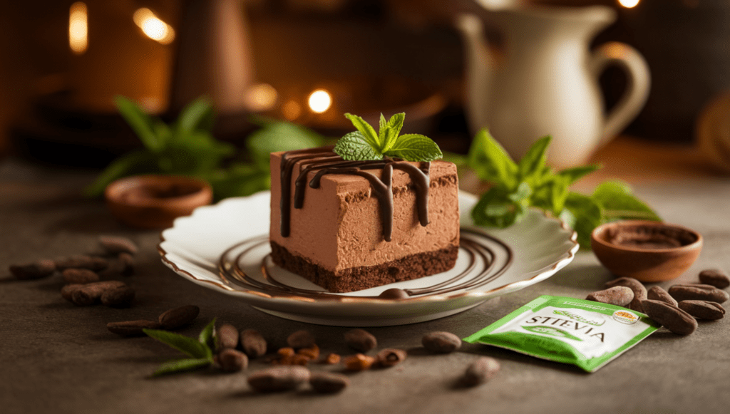 A slice of sugar-free chocolate mousse cake on a white plate, drizzled with dark chocolate and garnished with a fresh mint sprig, surrounded by cocoa beans, stevia leaves, and a cozy kitchen background.
