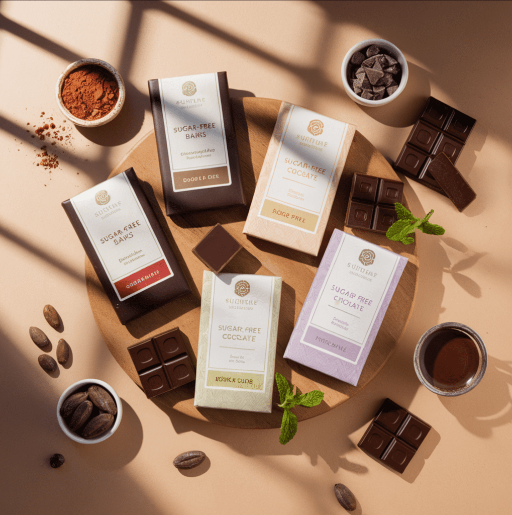 Assorted sugar-free chocolate bars displayed on a wooden board, featuring dark, milk, and flavored varieties with natural ingredients like stevia and monk fruit, surrounded by cocoa powder, cocoa nibs, and fresh cocoa beans for a healthy and indulgent presentation