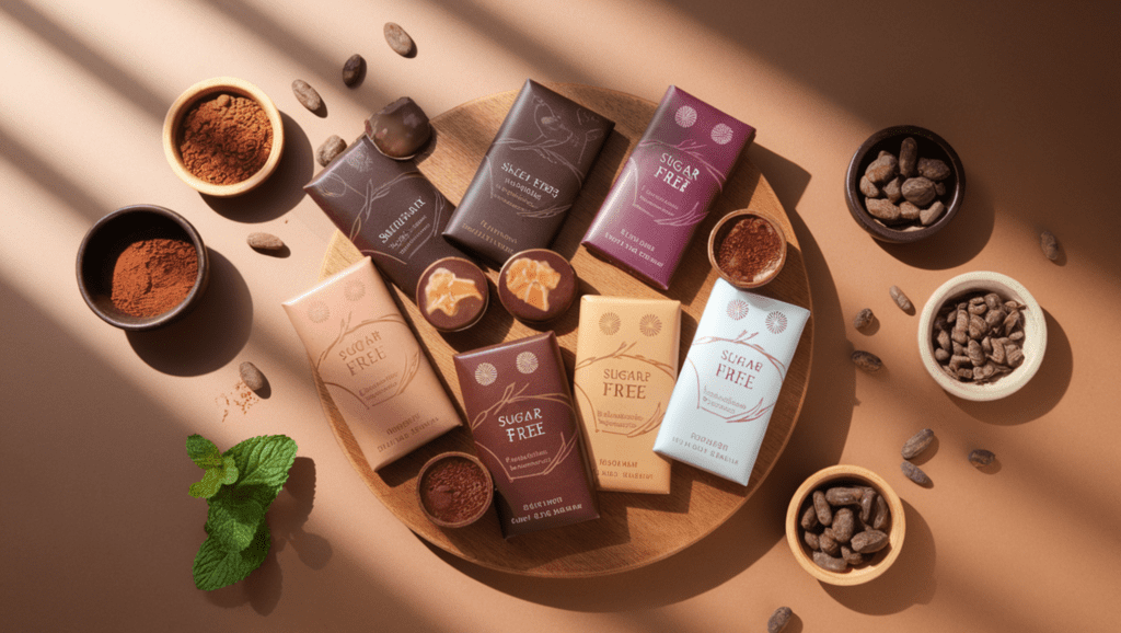 Assorted sugar-free chocolate bars displayed on a wooden board, featuring dark, milk, and flavored varieties with natural ingredients like stevia and monk fruit, surrounded by cocoa powder, cocoa nibs, and fresh cocoa beans for a healthy and indulgent presentation