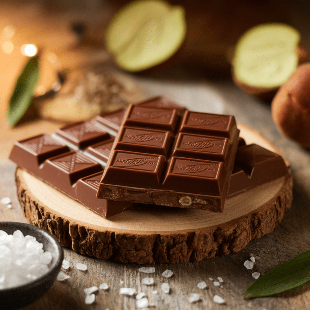 A close-up of a glossy bar of sugar-free chocolate on a rustic wooden surface, surrounded by natural sweeteners like stevia leaves, monk fruit, and sugar alcohol crystals, highlighting its healthy and indulgent appeal.