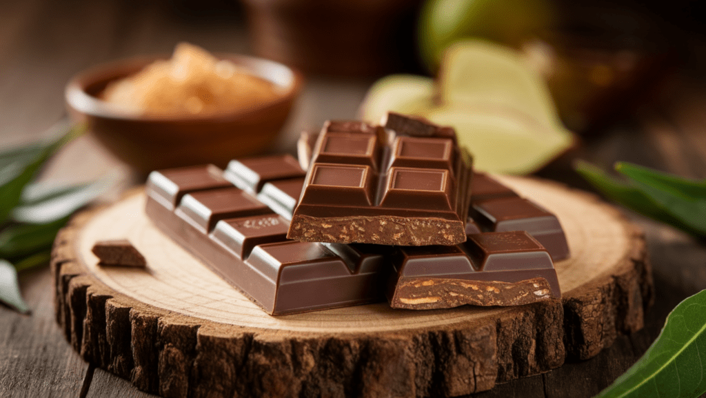 A close-up of a glossy bar of sugar-free chocolate on a rustic wooden surface, surrounded by natural sweeteners like stevia leaves, monk fruit, and sugar alcohol crystals, highlighting its healthy and indulgent appeal.