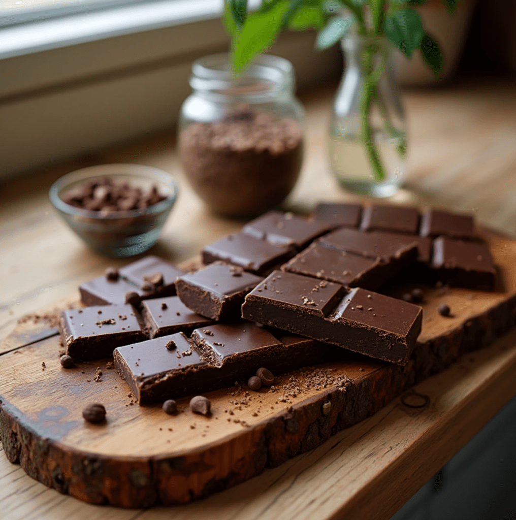 An assortment of sugar-free chocolate bars and squares arranged on a wooden board, accompanied by cocoa nibs, a glass bowl of stevia leaves, and a jar of monk fruit sweetener, all softly lit in a cozy kitchen setting.