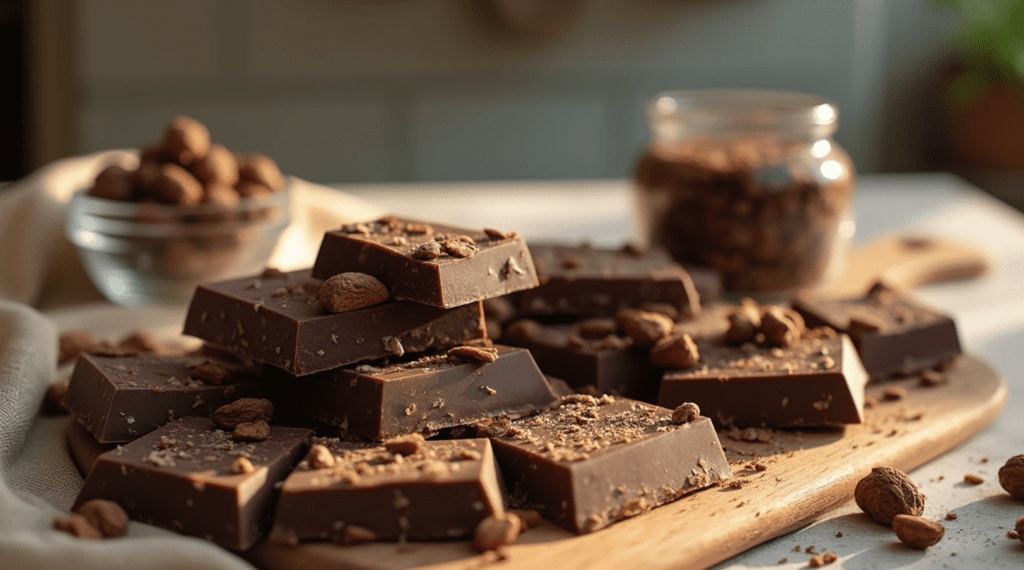 An assortment of sugar-free chocolate bars and squares arranged on a wooden board, accompanied by cocoa nibs, a glass bowl of stevia leaves, and a jar of monk fruit sweetener, all softly lit in a cozy kitchen setting.