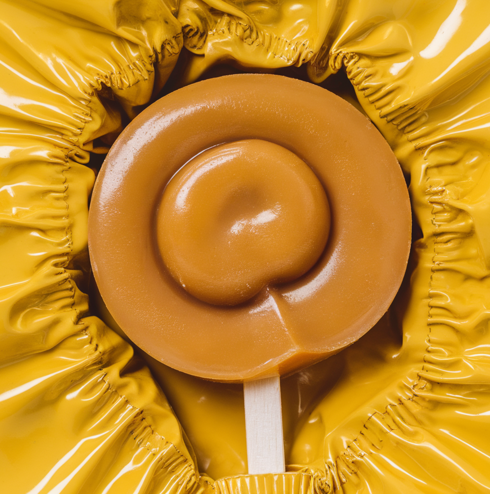 A close-up image of Sugar Daddy candy, showcasing its iconic caramel lollipop wrapped in vibrant yellow packaging.