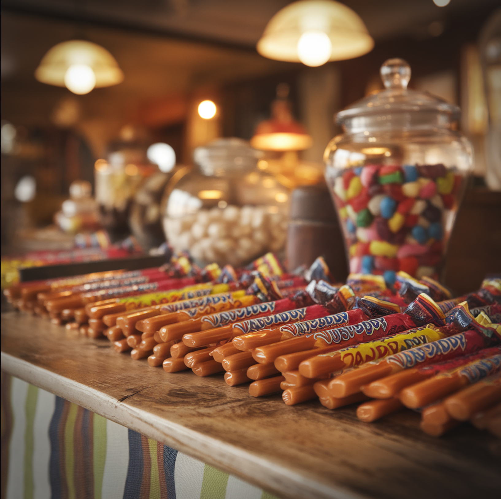 A nostalgic display of Sugar Daddy candy sticks on a wooden table with colorful wrappers, set against a retro candy shop backdrop featuring warm lighting and vintage props like a candy jar and striped tablecloth.