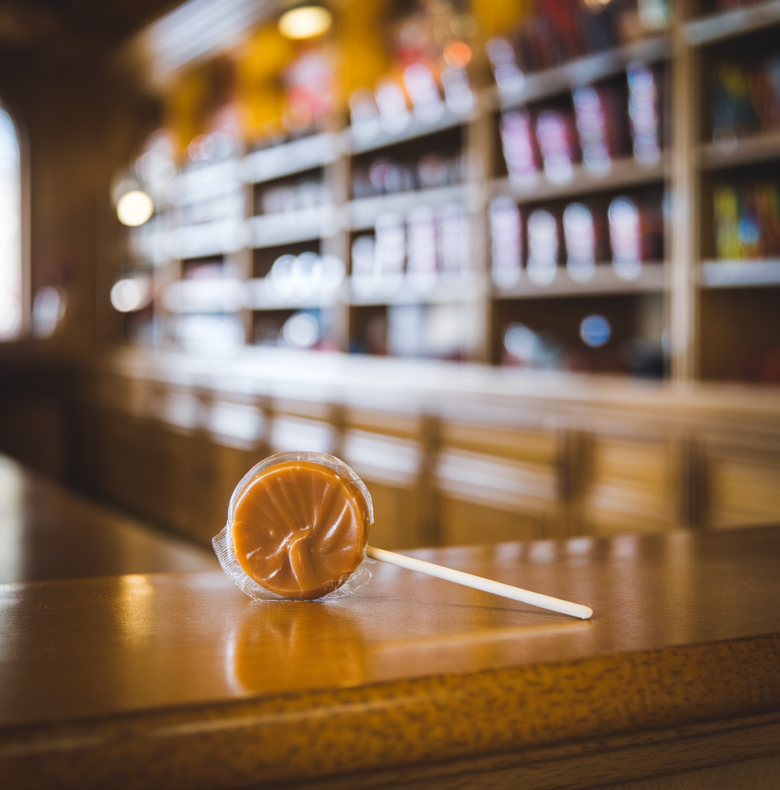 A realistic image of a Sugar Daddy candy lollipop unwrapped, showcasing its caramel texture gleaming under soft lighting. The background features a well-lit candy shop with neatly arranged colorful sweets on shelves, creating a nostalgic and inviting atmosphere. The lollipop is placed on a wooden counter, emphasizing its classic design and retro appeal.