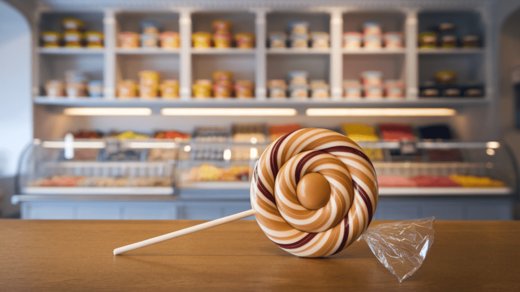 A realistic image of a Sugar Daddy candy lollipop unwrapped, showcasing its caramel texture gleaming under soft lighting. The background features a well-lit candy shop with neatly arranged colorful sweets on shelves, creating a nostalgic and inviting atmosphere. The lollipop is placed on a wooden counter, emphasizing its classic design and retro appeal.