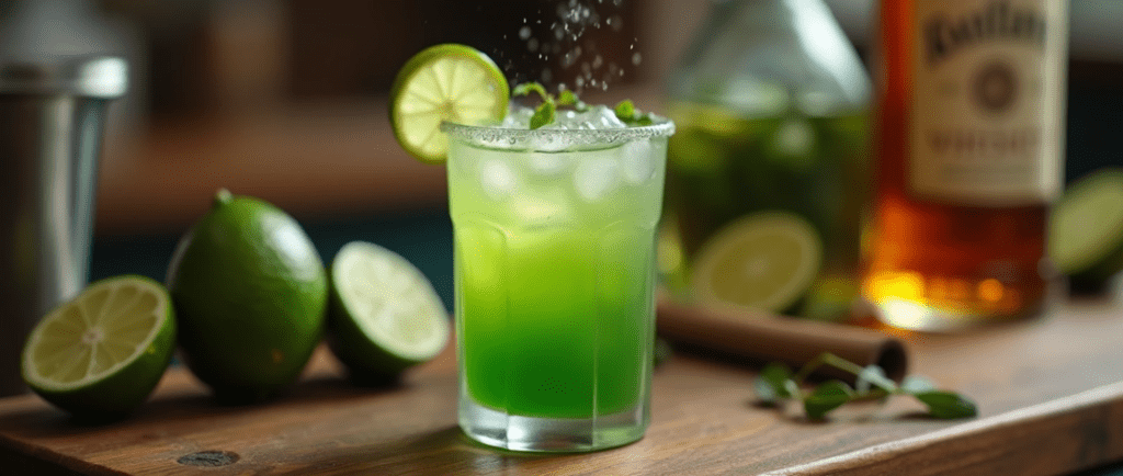 A vibrant green tea shot served in a frosted glass, garnished with a lime wedge, placed on a wooden bar counter with fresh limes and a cocktail shaker in the background.