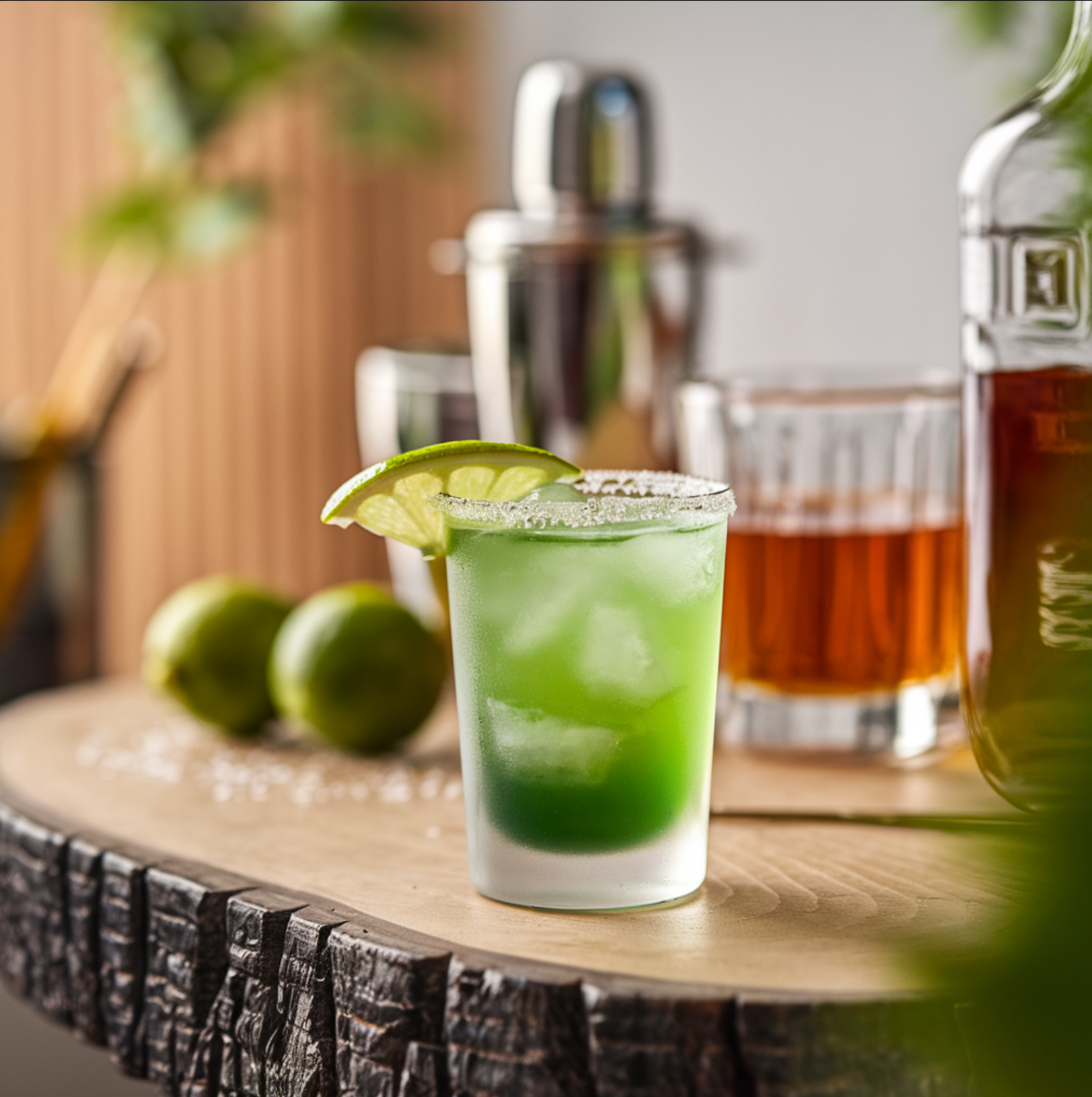 A vibrant green tea shot served in a frosted glass, garnished with a lime wedge, placed on a wooden bar counter with fresh limes and a cocktail shaker in the background