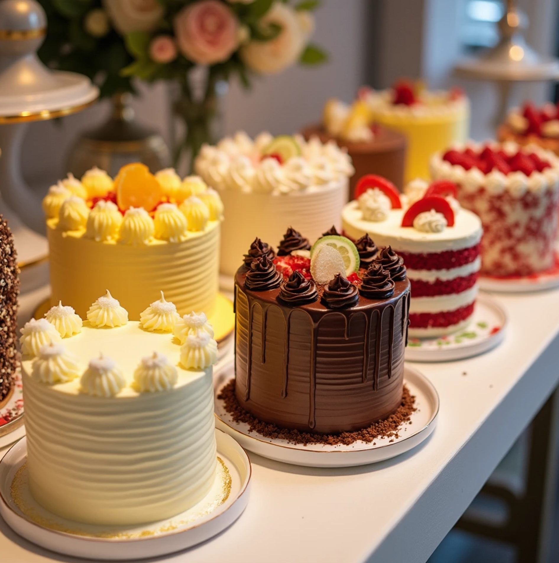 A variety of colorful cake flavors, including vanilla, chocolate, red velvet, and more, beautifully displayed on a dessert table.