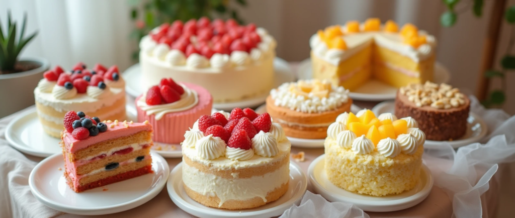 A variety of colorful cake flavors, including vanilla, chocolate, red velvet, and more, beautifully displayed on a dessert table.