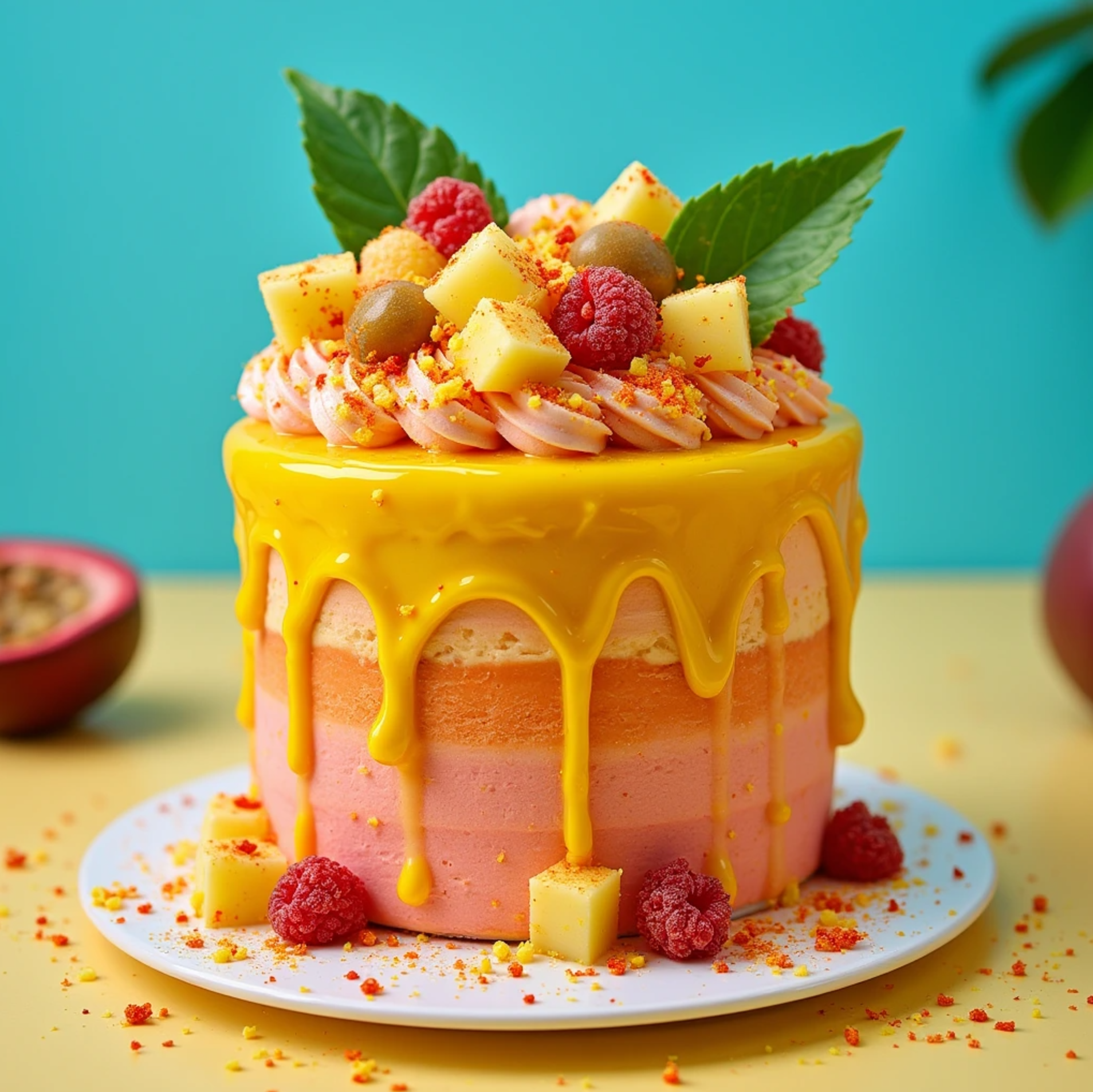 A vibrant and creative Dnasty Flavor Cake decorated with colorful edible glitter, topped with tropical fruits like mango, pineapple, and passion fruit, and drizzled with hot sauce and chili flakes for a spicy touch.