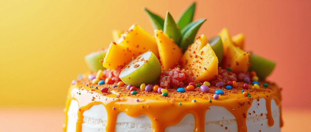 A vibrant and creative Dnasty Flavor Cake decorated with colorful edible glitter, topped with tropical fruits like mango, pineapple, and passion fruit, and drizzled with hot sauce and chili flakes for a spicy touch.