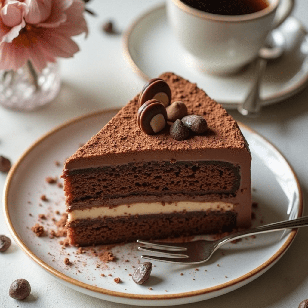 A luxurious Mozart flavor cake with layers of chocolate and marzipan, topped with a light dusting of cocoa powder and decorative marzipan slices. The cake is placed on an elegant serving plate, surrounded by a cup of coffee, a dessert fork, and delicate floral accents, creating a refined and sophisticated atmosphere.