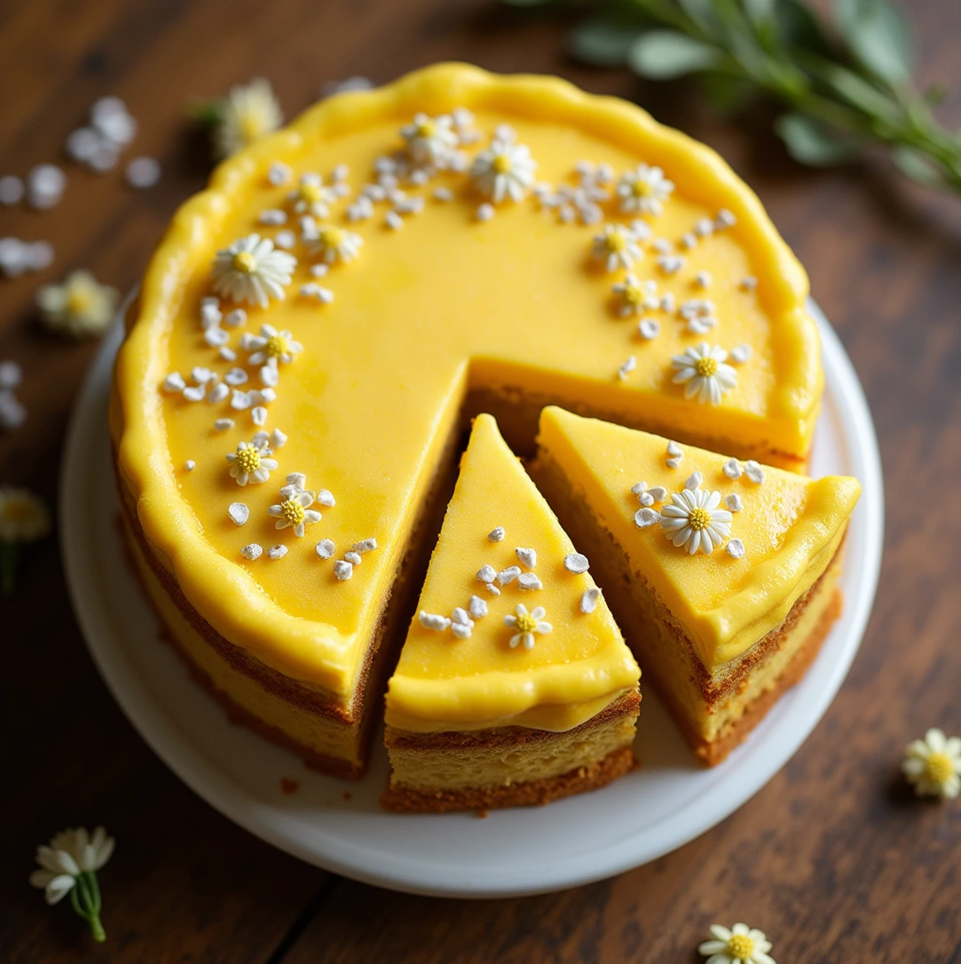 An overhead view of a freshly baked yellow cake with smooth, buttery frosting, sliced to reveal its rich, moist texture. The cake is surrounded by decorative sprinkles and soft natural light, showcasing its golden color and inviting appearance.