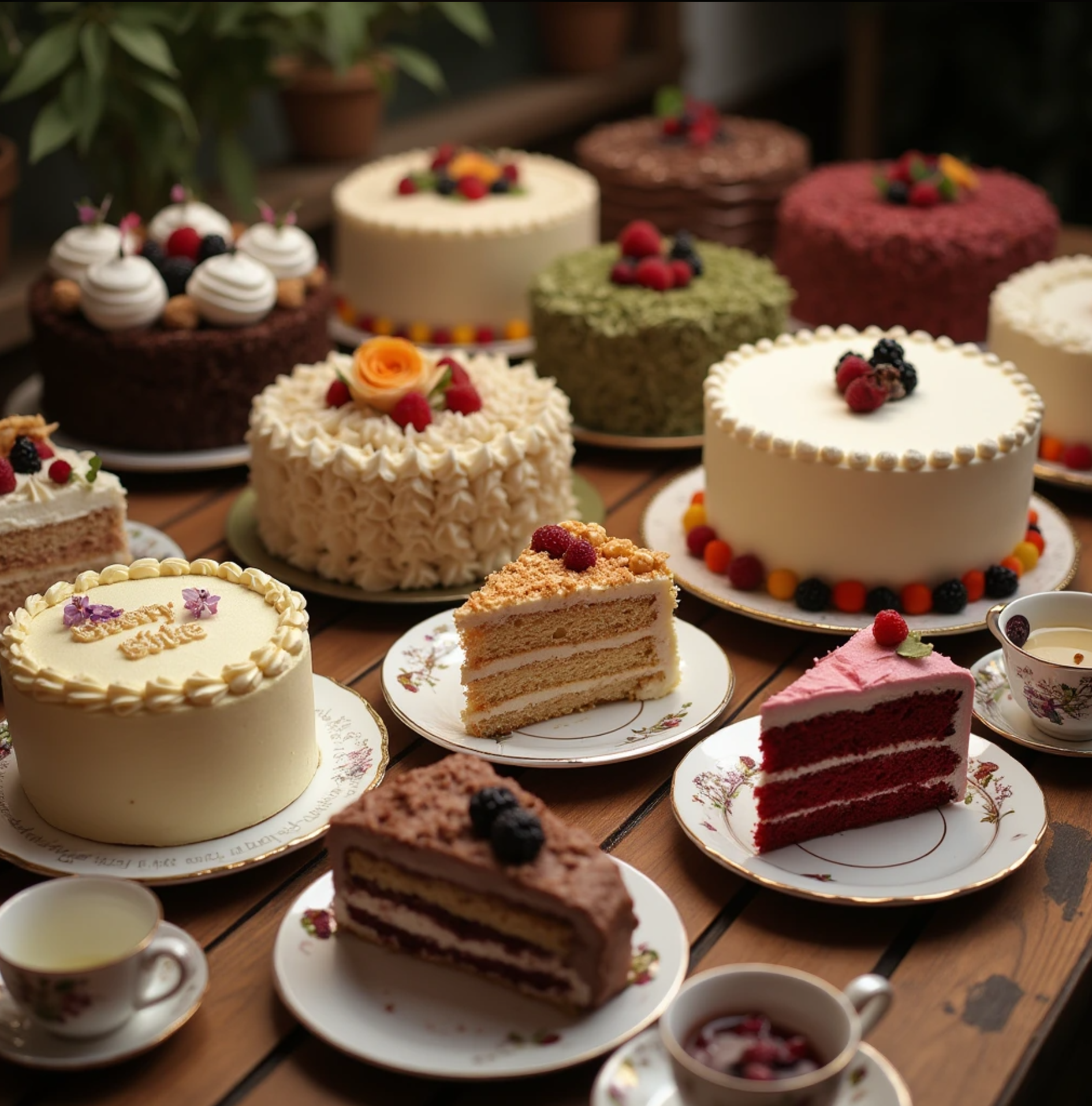 Assorted cakes on a wooden table, featuring a variety of flavors like chocolate, vanilla, red velvet, lavender, and matcha, decorated with intricate frosting, fresh fruit, and edible flowers.