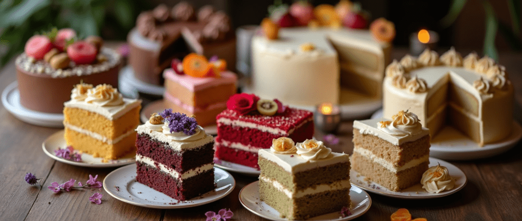 Assorted cakes on a wooden table, featuring a variety of flavors like chocolate, vanilla, red velvet, lavender, and matcha, decorated with intricate frosting, fresh fruit, and edible flowers.