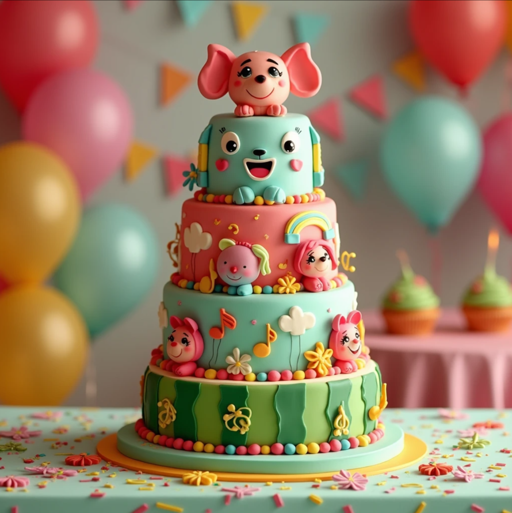 A colorful Cocomelon-themed birthday cake with fondant decorations of JJ, musical notes, and a watermelon design, set in a festive party atmosphere with balloons and confetti.