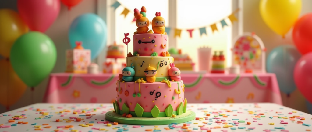 A colorful Cocomelon-themed birthday cake with fondant decorations of JJ, musical notes, and a watermelon design, set in a festive party atmosphere with balloons and confetti.