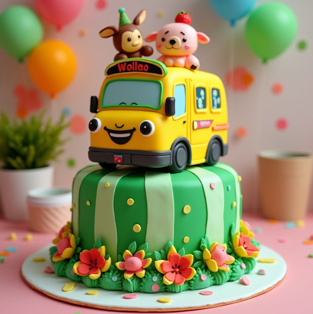 A two-tiered Cocomelon-themed cake decorated with a green fondant watermelon design on the bottom layer and a vibrant yellow fondant Cocomelon bus on the top layer. The cake is adorned with colorful edible flowers and fondant characters, including JJ and friends, surrounded by a festive party background featuring balloons and confetti.