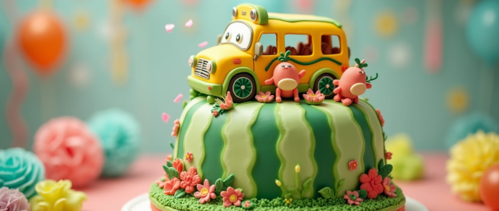 A two-tiered Cocomelon-themed cake decorated with a green fondant watermelon design on the bottom layer and a vibrant yellow fondant Cocomelon bus on the top layer. The cake is adorned with colorful edible flowers and fondant characters, including JJ and friends, surrounded by a festive party background featuring balloons and confetti.