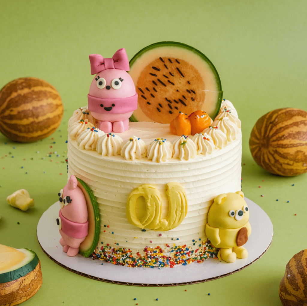 A colorful, three-tiered Cocomelon-themed birthday cake featuring watermelon patterns, fondant characters from the Cocomelon show, and playful decorations like musical notes, displayed on a festive party table with bright balloons and birthday banners in the background.