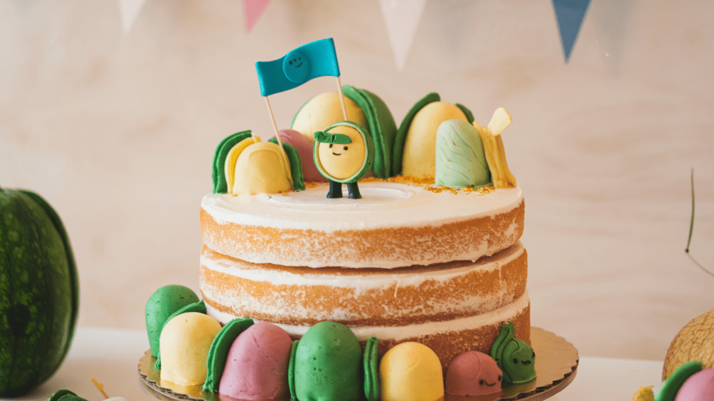 A colorful, three-tiered Cocomelon-themed birthday cake featuring watermelon patterns, fondant characters from the Cocomelon show, and playful decorations like musical notes, displayed on a festive party table with bright balloons and birthday banners in the background.