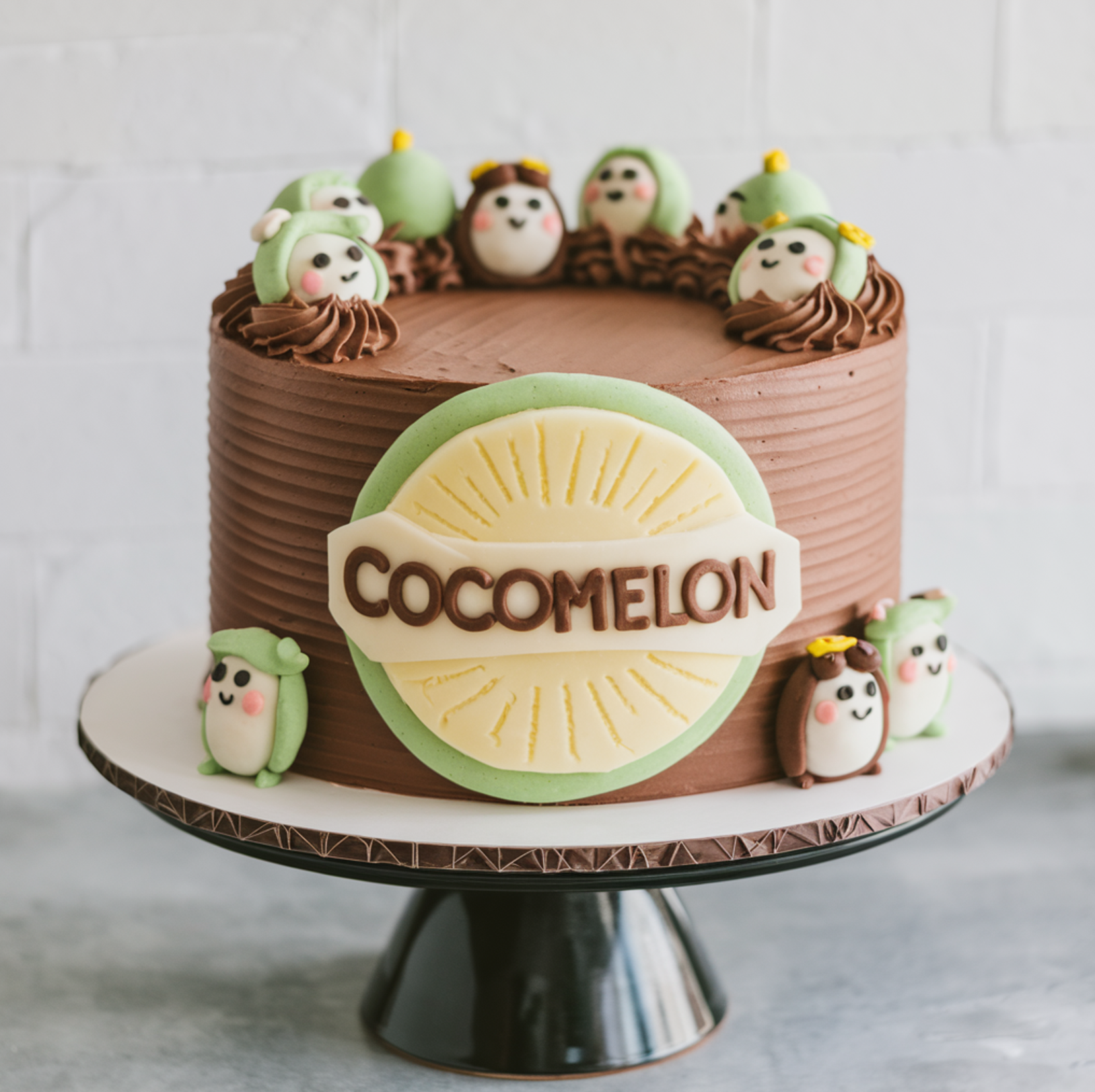 A colorful, three-tiered Cocomelon-themed birthday cake featuring watermelon patterns, fondant characters from the Cocomelon show, and playful decorations like musical notes, displayed on a festive party table with bright balloons and birthday banners in the background.