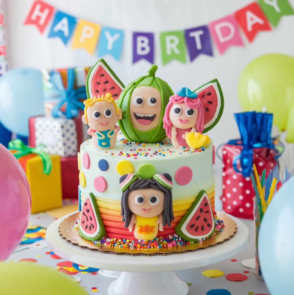 A colorful Cocomelon-themed cake decorated with fondant characters, including JJ, Cody, and Nina, surrounded by party decorations like balloons and confetti.