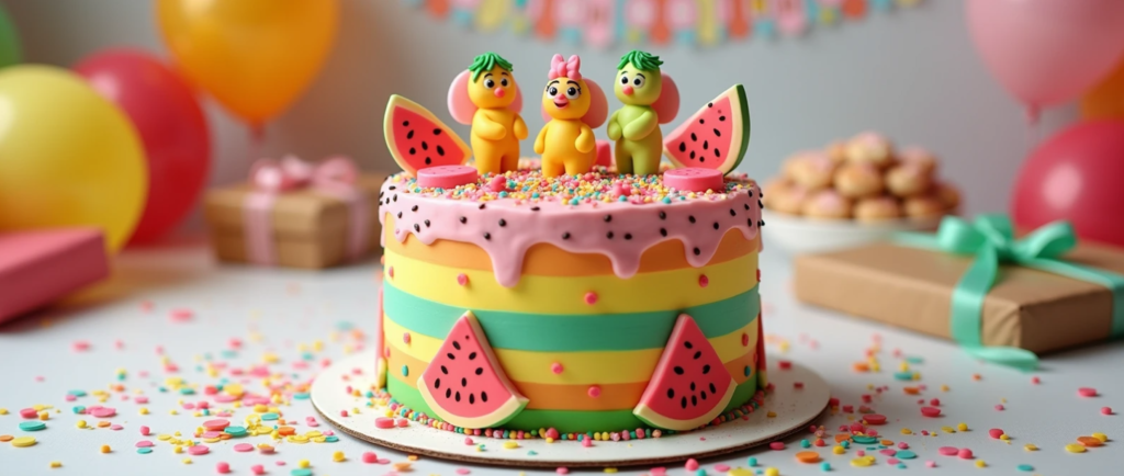 A colorful Cocomelon-themed cake decorated with fondant characters, including JJ, Cody, and Nina, surrounded by party decorations like balloons and confetti.