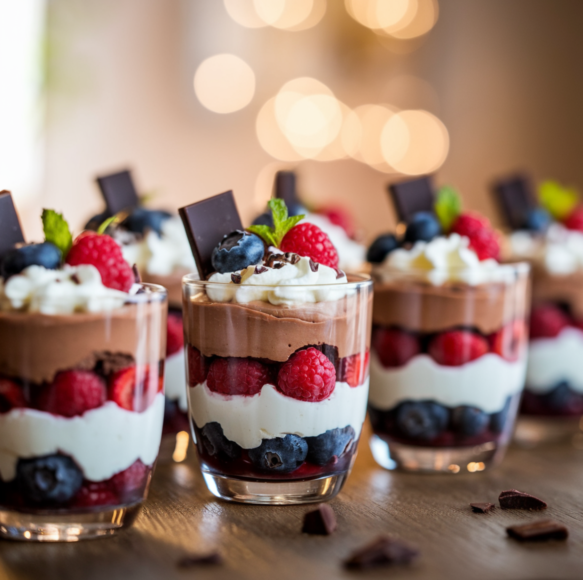 A close-up of layered dessert cups featuring chocolate mousse, whipped cream, and fresh berries.