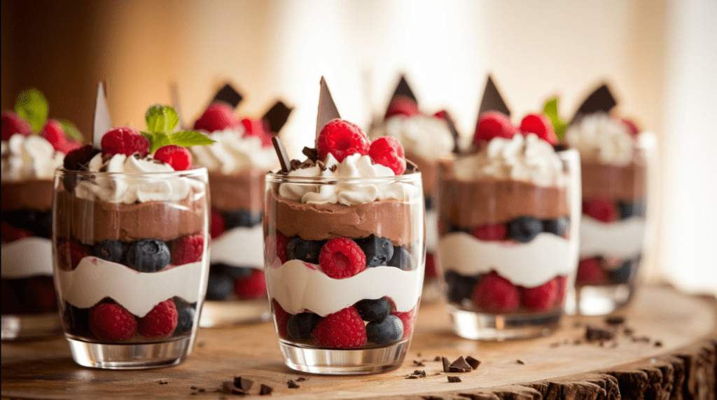 A close-up of layered dessert cups featuring chocolate mousse, whipped cream, and fresh berries.