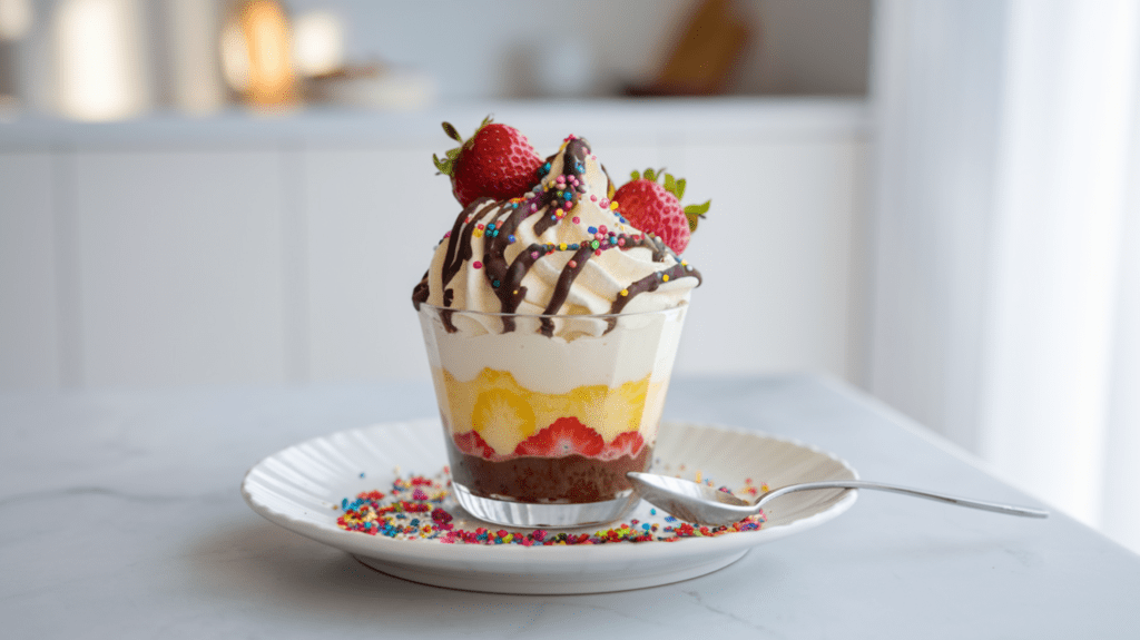 Image of a creamy Magic Cup Dessert in a small cup with toppings like sprinkles and fresh fruit.where can i buy magic cup dessert