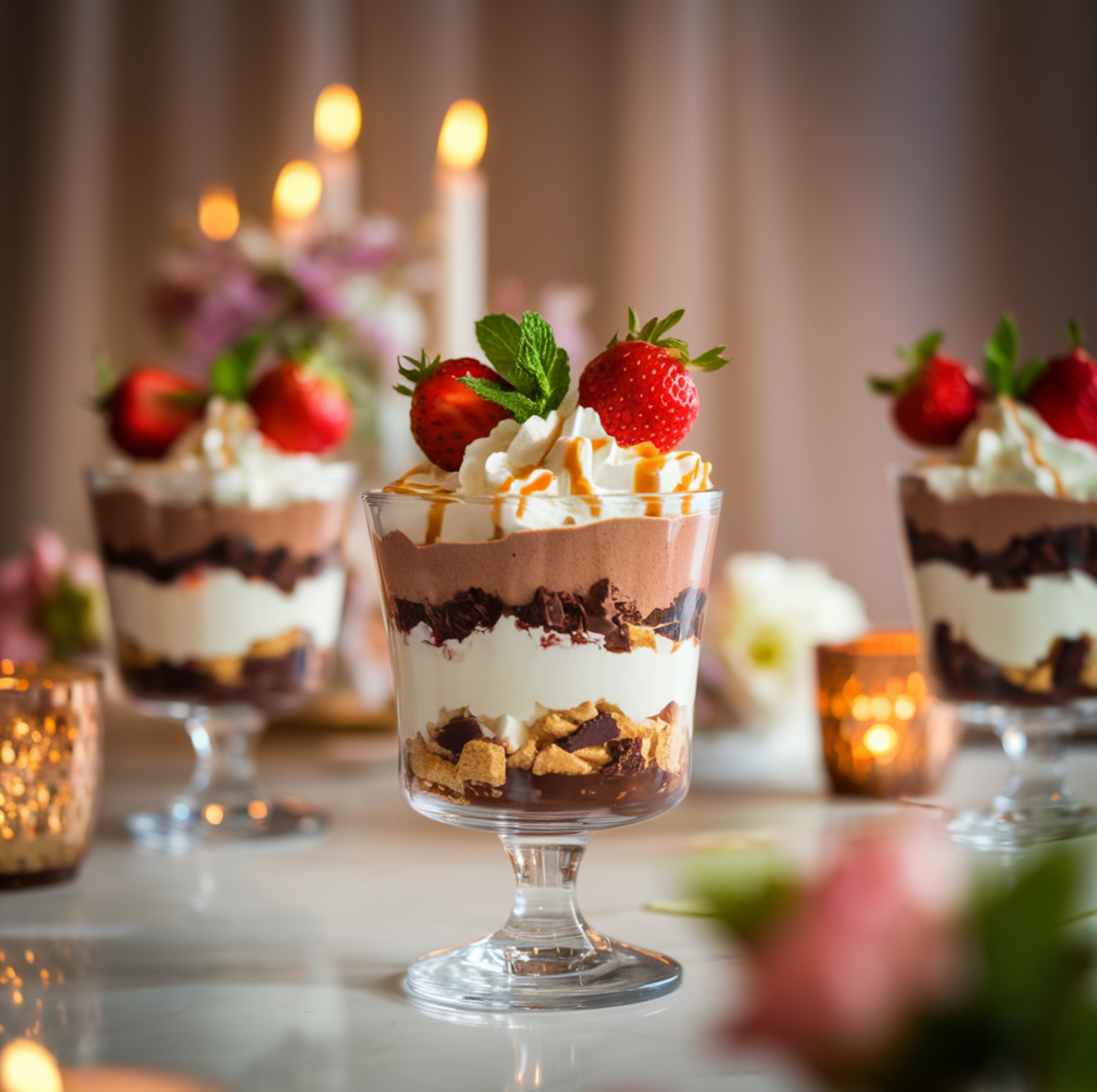 A dessert cup with layered chocolate mousse, whipped cream, and crushed cookies, topped with fresh strawberries, mint leaves, and caramel drizzle, served in a clear glass on an elegant dining table.How to make dessert cups?