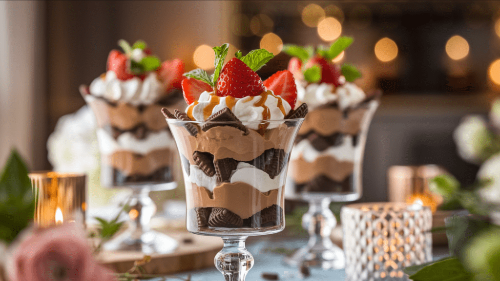 A dessert cup with layered chocolate mousse, whipped cream, and crushed cookies, topped with fresh strawberries, mint leaves, and caramel drizzle, served in a clear glass on an elegant dining table.How to make dessert cups?