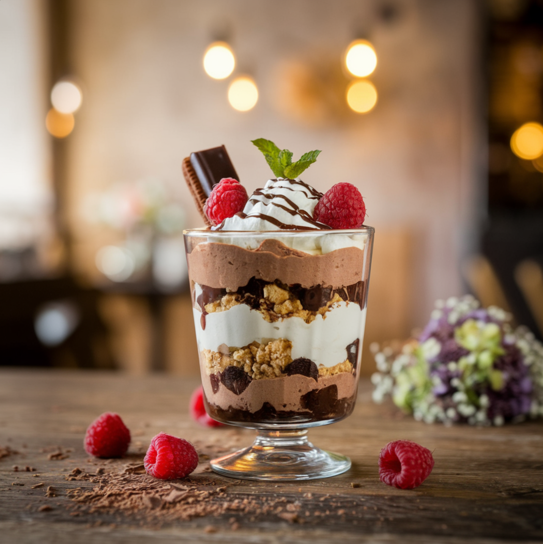 A clear glass dessert cup showcasing layered chocolate mousse, whipped cream, and crumbled cookies, topped with fresh raspberries, a sprig of mint, and a drizzle of chocolate sauce, placed on a rustic wooden table with a cozy café ambiance in the background.