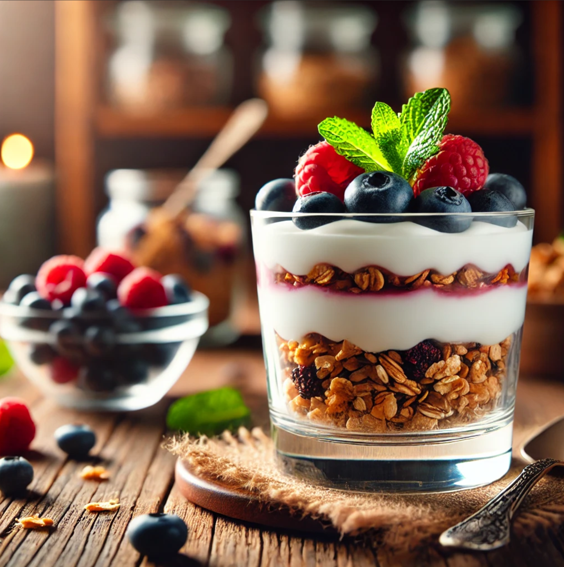 Wide-angle view of dessert cups featuring layers of Greek yogurt, granola, and fresh mixed berries, elegantly displayed on a wooden table with a cozy background, soft lighting, and scattered berries for decoration.