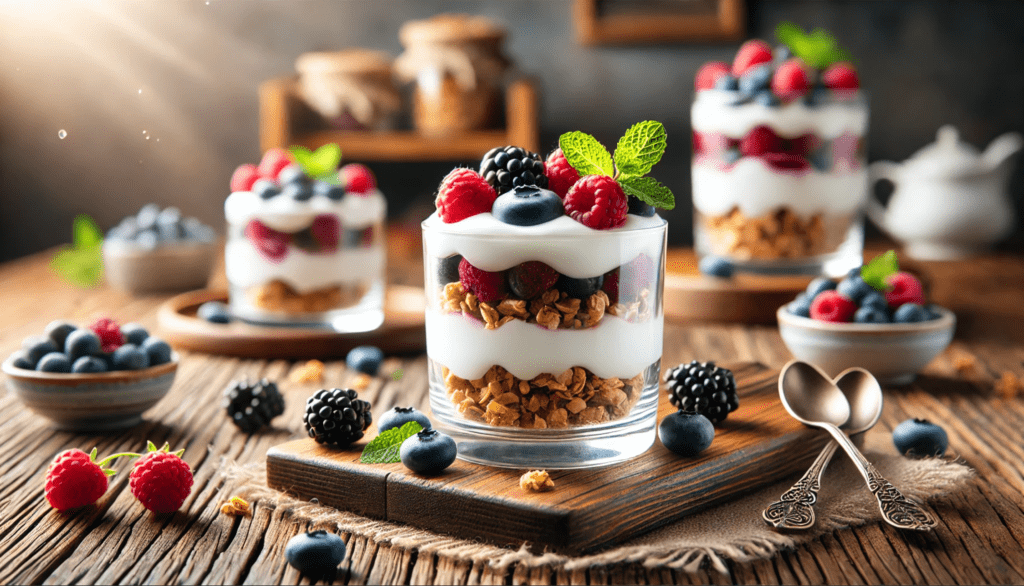 Wide-angle view of dessert cups featuring layers of Greek yogurt, granola, and fresh mixed berries, elegantly displayed on a wooden table with a cozy background, soft lighting, and scattered berries for decoration.