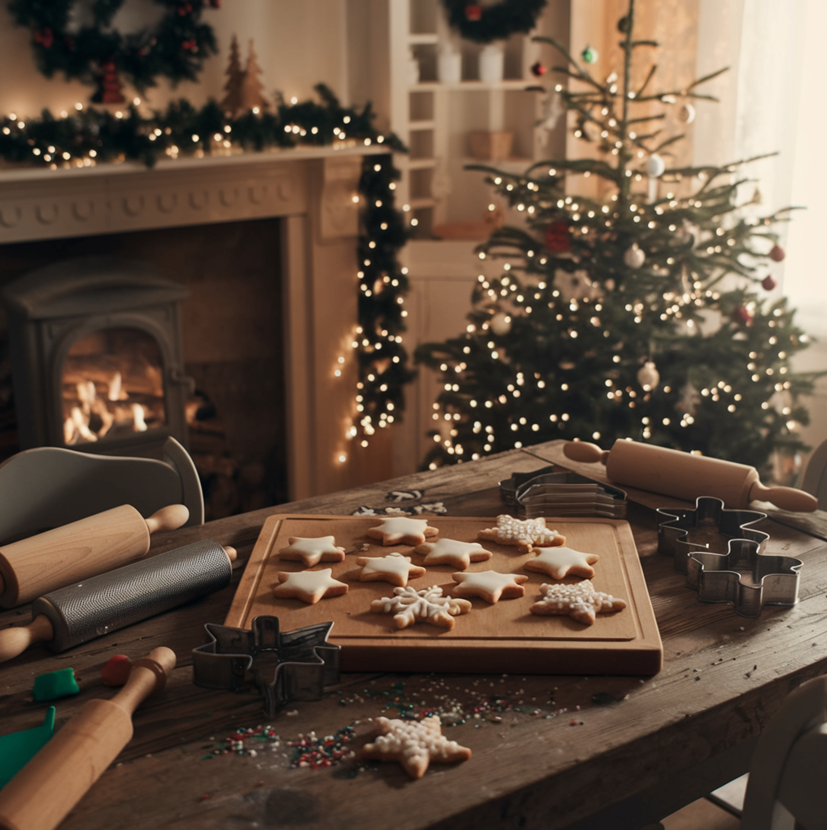 A variety of Christmas cookie cutters including shapes like stars, snowflakes, and reindeer on a festive countertop.