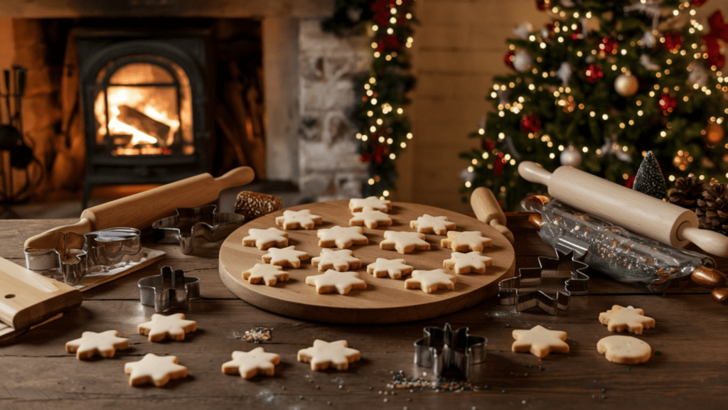 A variety of Christmas cookie cutters including shapes like stars, snowflakes, and reindeer on a festive countertop.