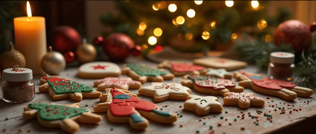 A festive kitchen scene featuring Christmas cookies shaped like iconic symbols from "a christmas story cookie cutters," including a leg lamp and Ralphie’s glasses, arranged on a rustic wooden table with holiday sprinkles, icing tubes, and edible glitter, with a glowing Christmas tree in the background.