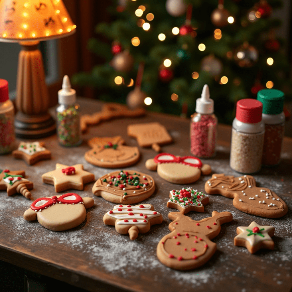 Christmas cookies inspired by "a christmas story cookie cutters" featuring shapes like a leg lamp and Ralphie’s glasses, beautifully decorated with royal icing and edible glitter on a rustic wooden table, surrounded by holiday sprinkles and a glowing Christmas tree in the background.