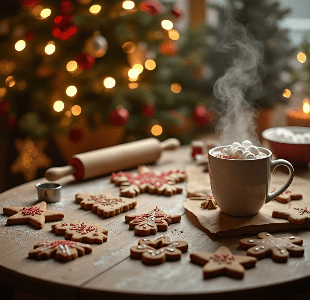 A warm and festive Christmas kitchen scene featuring a wooden table with freshly baked cookies shaped like stars, trees, and snowflakes. The cookies are decorated with colorful icing and sprinkles, surrounded by baking supplies such as cookie cutters, rolling pins, and parchment paper. In the background, a glowing Christmas tree adorned with ornaments and lights adds to the holiday ambiance. A steaming mug of hot cocoa with marshmallows sits on the side, creating a cozy and inviting atmosphere.