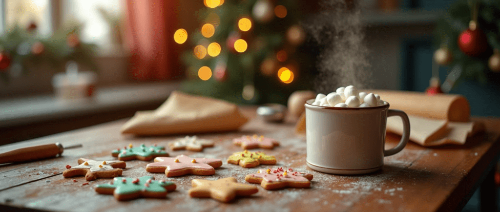 A warm and festive Christmas kitchen scene featuring a wooden table with freshly baked cookies shaped like stars, trees, and snowflakes. The cookies are decorated with colorful icing and sprinkles, surrounded by baking supplies such as cookie cutters, rolling pins, and parchment paper. In the background, a glowing Christmas tree adorned with ornaments and lights adds to the holiday ambiance. A steaming mug of hot cocoa with marshmallows sits on the side, creating a cozy and inviting atmosphere.